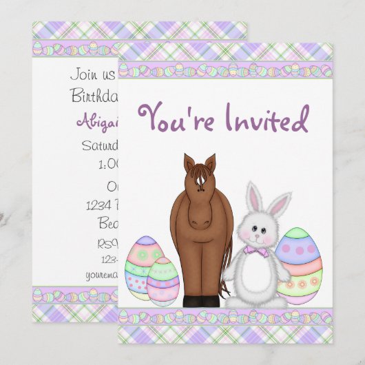 Paard en Pasen Bunny Verjaardag Uitnodiging ~ Meis (Voorkant / Achterkant)