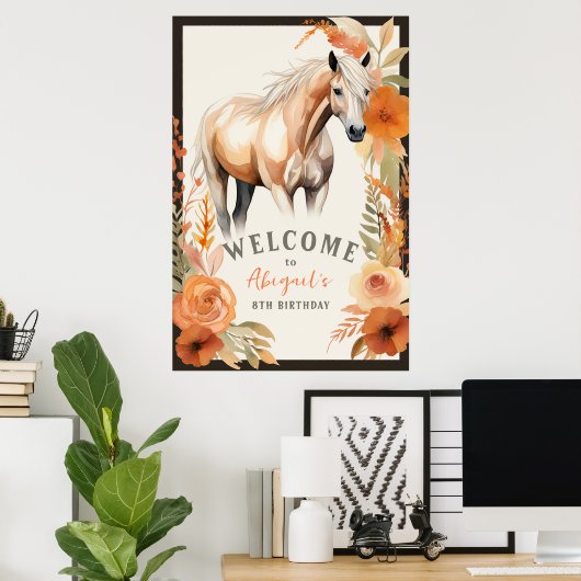  Paard en Perzik Bloemen Verjaardag Welkom Poster (Thuiskantoor)