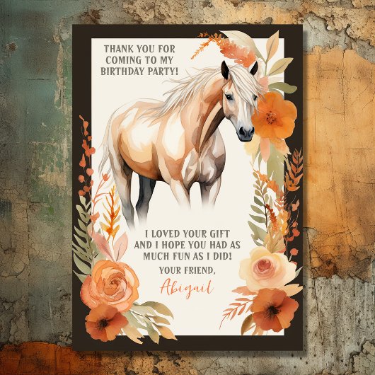 Paard en Perzik Bloemen Waterverf Verjaardag Bedankkaart