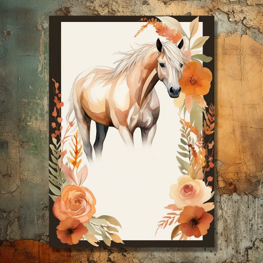 Paard en Perzik Bloemen Waterverf Verjaardag Kaart