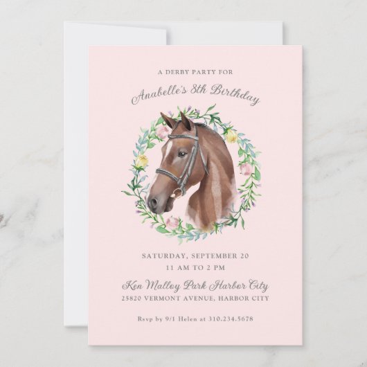 Paard en Roos Krans Waterverf Verjaardagsfeest Kaart (Voorkant)