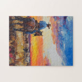 Paard en ruiter controleren de kudde bij zonsonder legpuzzel (Horizontaal)