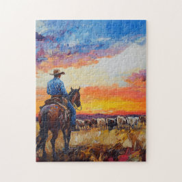 Paard en ruiter controleren de kudde bij zonsonder legpuzzel