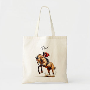 Paard en ruiter springen in paardensport actie tote bag