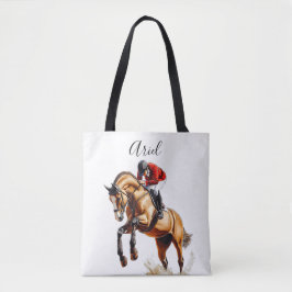 Paard en ruiter springen in paardensport actie tote bag