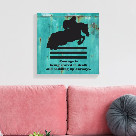 Paard en ruiter springen - met Courage Quote Canvas Afdruk (Insitu (Woonkamer))