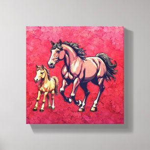 Paard en veulen op getextureerde achtergrond canvas afdruk