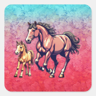 Paard en veulen op getextureerde achtergrond vierkante sticker