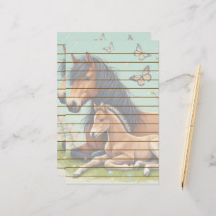 Paard en veulen rusten in een lente setting briefpapier