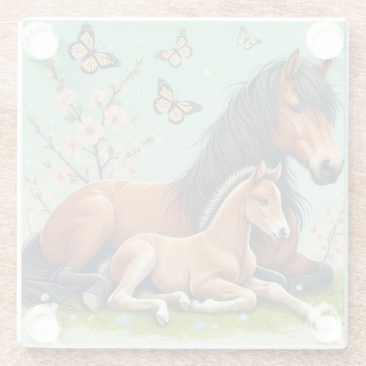 Paard en veulen rusten in een lente setting glazen onderzetter (Achterkant)