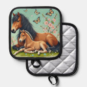 Paard en veulen rusten in een lente setting pannenlap (Voorkant / Achterkant)