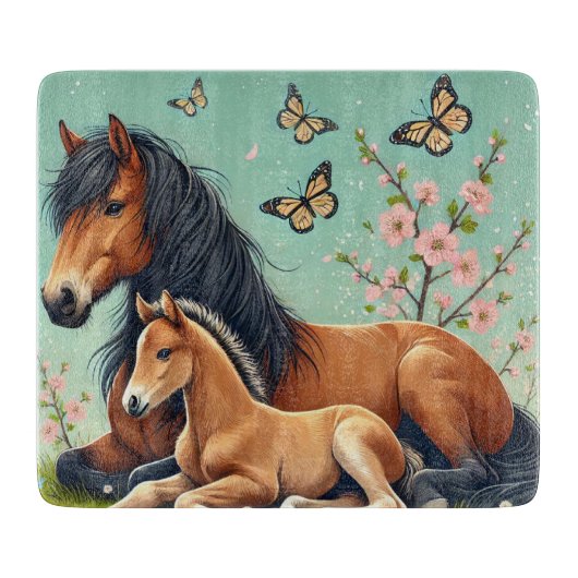 Paard en veulen rusten in een lente setting snijplank (Voorkant)