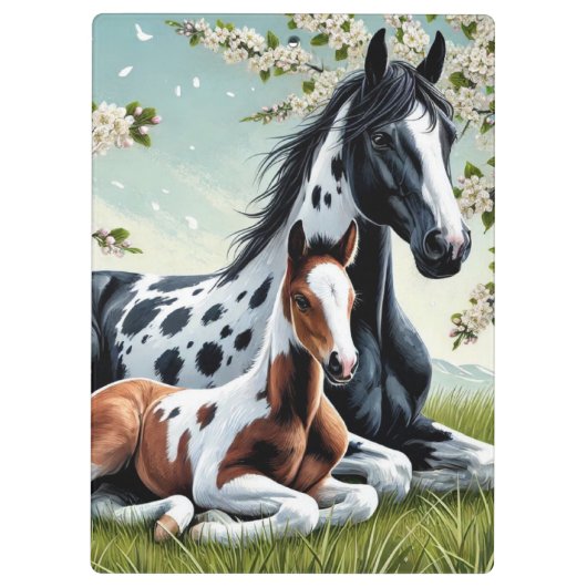 Paard en veulen rusten te midden van bloeiende bom klembord (Achterkant)