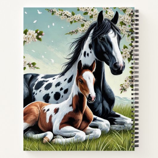Paard en veulen rusten te midden van bloeiende bom notitieboek (Achterkant)