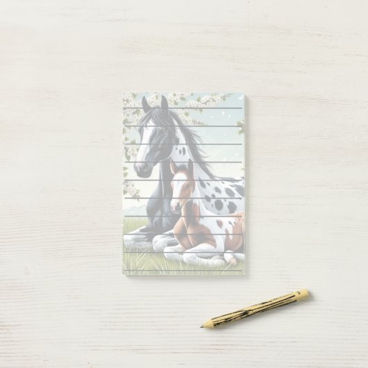 Paard en veulen rusten te midden van bloeiende bom post-it® notes (Op bureau)