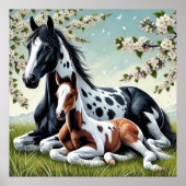 Paard en veulen rusten te midden van bloeiende bom poster (Voorkant)