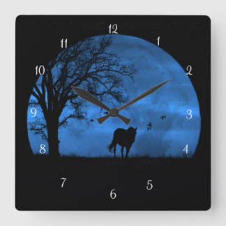 Paard en Volle Maan Blauw Schoon Vierkante Klok
