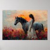 Paard en vrouw in een levendige zonsondergang poster (Voorkant)