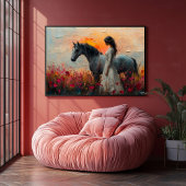 Paard en vrouw in een levendige zonsondergang poster