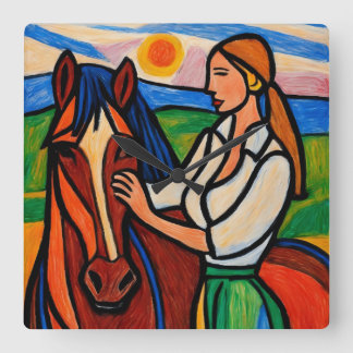 Paard en vrouw kleurpotlood uitziende kunst klok 