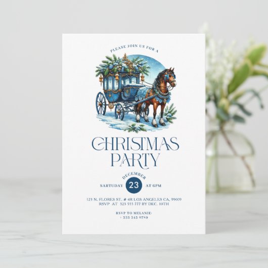 Paard en wagen Blauw Kerstfeest Uitnodigen Kaart (Staand voorkant)
