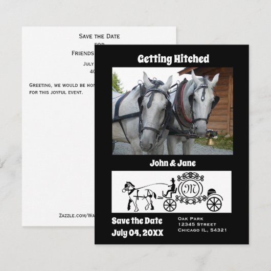 Paard-en-wagen foto monogram uitnodiging huwelijk (Voorkant / Achterkant)