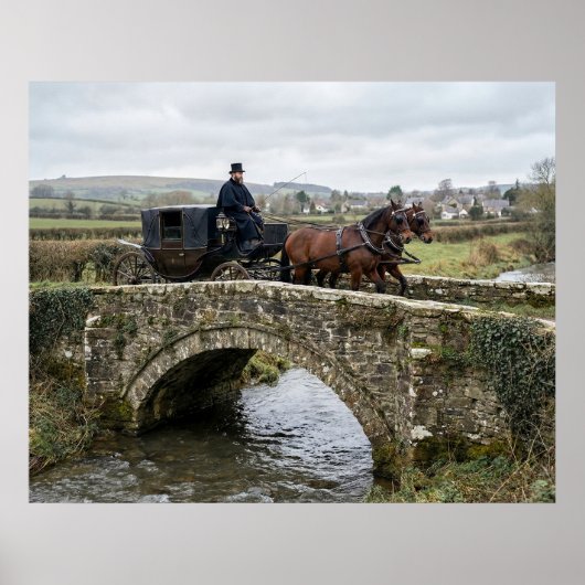 Paard-en-wagen op stenen brug poster (Voorkant)