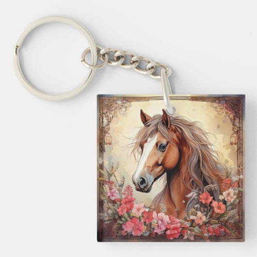 Paard en wilde bloemen sleutelhanger (Voorkant)
