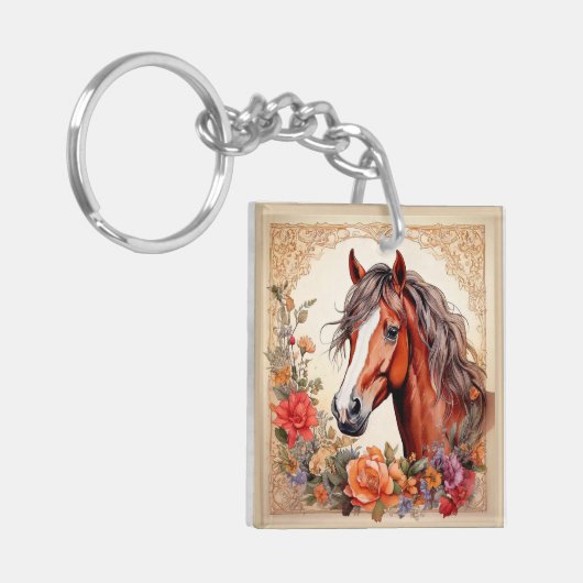 Paard en wilde bloemen sleutelhanger (Voorkant Links)