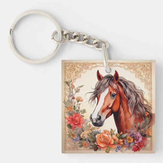 Paard en wilde bloemen sleutelhanger (Voorkant)
