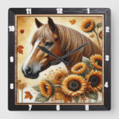 Paard en zonnebloem herfst vierkante klok (Voorkant)