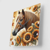 Paard en zonnebloem herfstbladeren vierkante klok (Hoek)