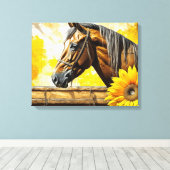 Paard en Zonnebloem Mooie AI Art Canvas Afdruk (Insitu (Houten vloer))
