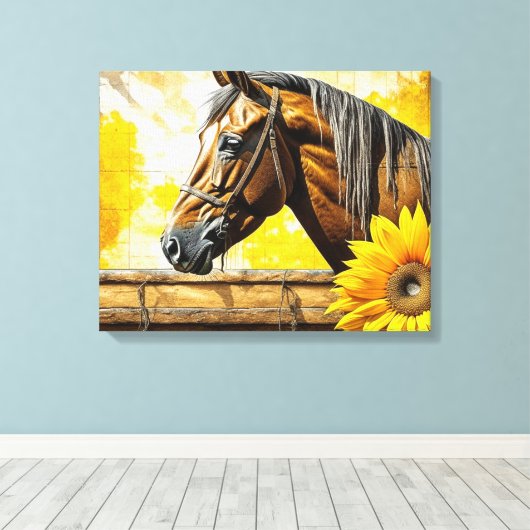 Paard en Zonnebloem Mooie AI Art Canvas Afdruk (Insitu (Houten vloer))