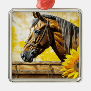 Paard en Zonnebloem Mooie AI Art Metalen Ornament
