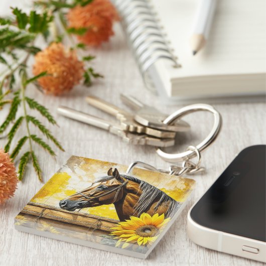 Paard en Zonnebloem Mooie AI Kunst Gepersonaliseer Sleutelhanger (Voorkant Rechts)