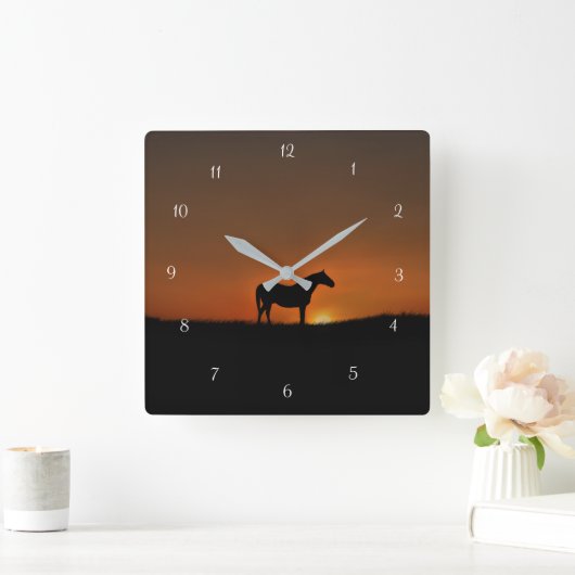 Paard en zonsopgang vierkante klok (Huis)