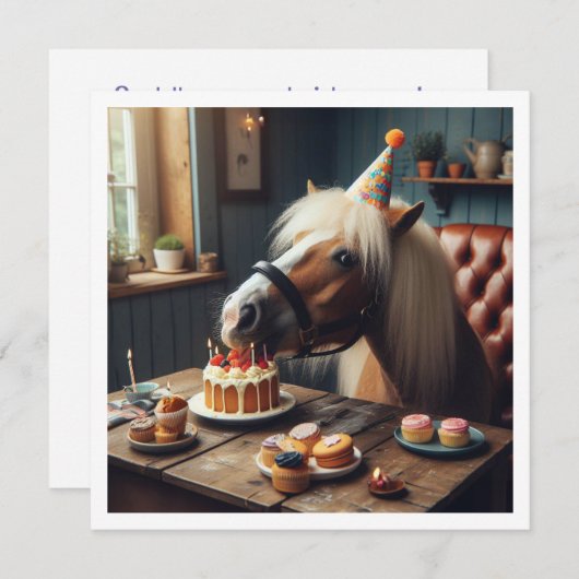 Paard eten taart verjaardag uitnodiging, Paard lie Kaart (Voorkant / Achterkant)