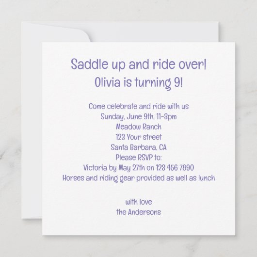 Paard eten taart verjaardag uitnodiging, Paard lie Kaart (Achterkant)