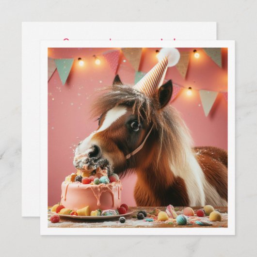 Paard eten taart verjaardag uitnodiging, Paard lie Kaart (Voorkant / Achterkant)