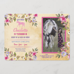 Paard Feest Bloem Bloemen Pony Roze Uitnodiging