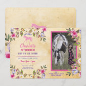 Paard Feest Bloemen Bloemen Pony Roze Uitnodiging (Voorkant / Achterkant)