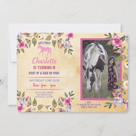 Paard Feest Bloemen Bloemen Pony Roze Uitnodiging (Voorkant)