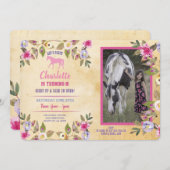 Paard Feest Bloemen Pony Roze Uitnodiging (Voorkant / Achterkant)