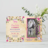 Paard Feest Bloemen Pony Roze Uitnodiging (Staand voorkant)