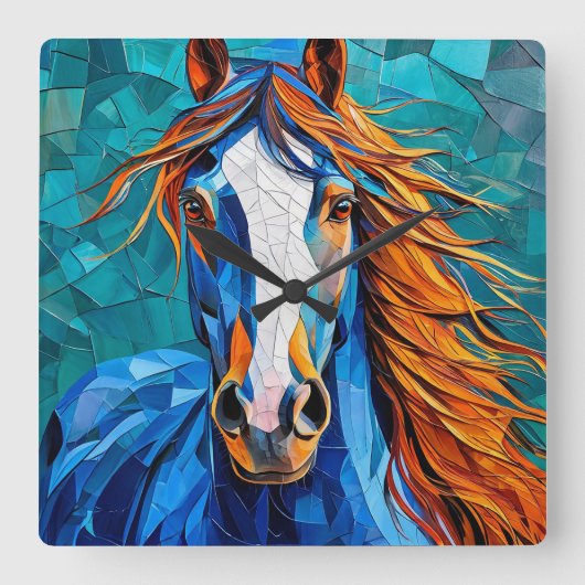 Paard Gebrandschilderd Glas Vierkante Klok (Voorkant)