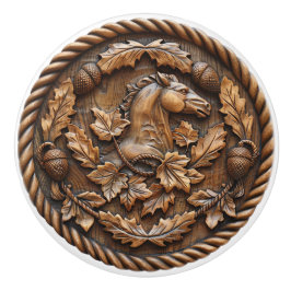 Paard Gegraveerd met Eikels en Eikenbladeren Touw Keramische Knop