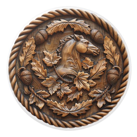Paard Gegraveerd met Eikels en Eikenbladeren Touw Keramische Knop (Voorkant)