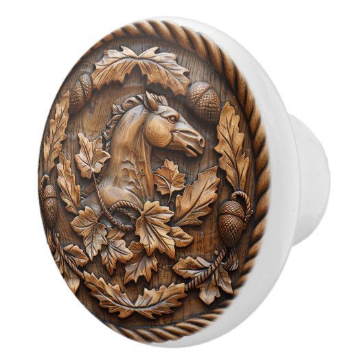 Paard Gegraveerd met Eikels en Eikenbladeren Touw Keramische Knop (Rechts)