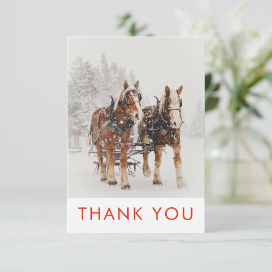 Paard getrokken slee kerstscène dank u bedankkaart (Staand voorkant)